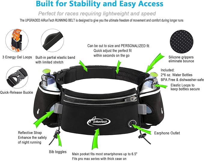 AiRunTech Hydration Running Belt with Water Bottle, Running Fanny Pack for Phone and Wallet Holder, Running Bag Runners Essentials Accessories Marathon Triathlon Walking Jogging Gear Gift-StrideForce Fitness