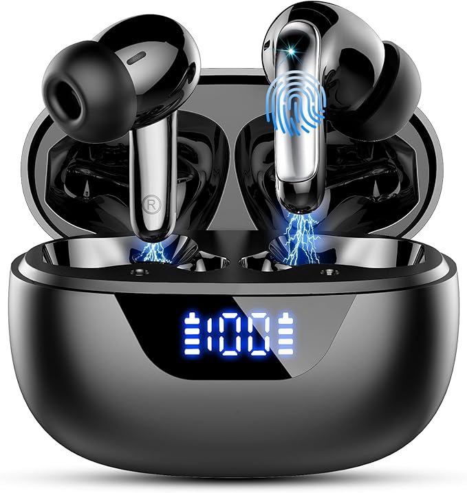 Wireless Earbuds, Bluetooth 5.4 Headphones, ENC Noise Cancelling Mic Ear buds with Stereo Bass, 48H Playtime Earphones , LED Display, IP7 Waterproof In Ear EarBuds for Phone Android iOS Sports, Black-StrideForce Fitness