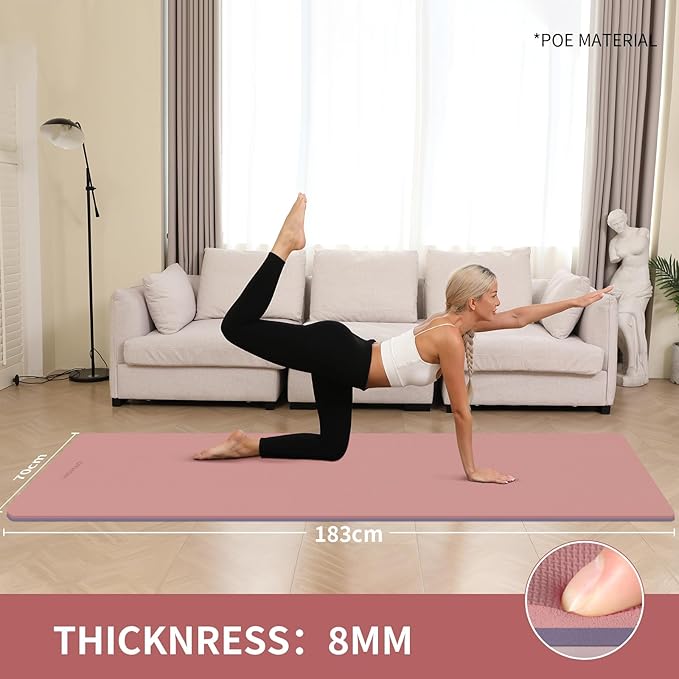 Extra Thick 8mm Yoga Mat, 72"x28" Non Slip Exercise Mat, Reversible 2-Sided Dual Color Premium POE Material, with Carrying Strap for Yoga, Pilates, Home Gym-StrideForce Fitness