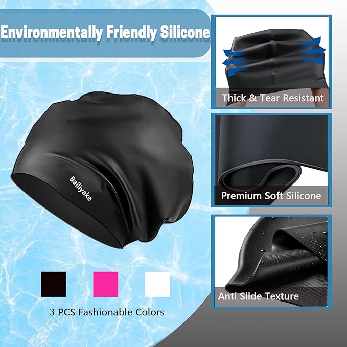 3 Pack Extra Large Swim Cap for Braids & Dreadlocks - Waterproof Silicone Swim Hat for Women with Long Thick Hair, Protective Swim Cap Cover Ears for Swimming, Shower, Bathing-StrideForce Fitness