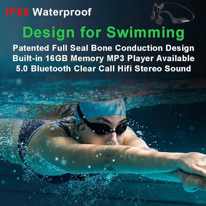 IHAO Swimming Headphones True Bone Conduction Open Ear Headset MP3 Player Built-in 32G Memory IP68 Underwater Waterproof Stereo Bluetooth Earphone for Driving Bicycling Running Skiing-X6 Black-StrideForce Fitness