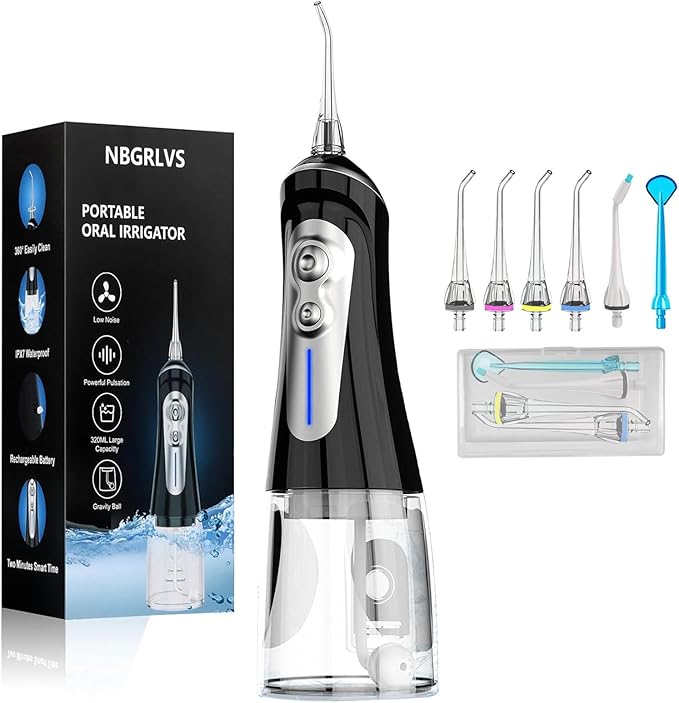 NBGRLVS Water Dental Flosser Cordless - Rechargeable IPX7 Waterproof Teeth Pick Flossing Cleaner,Portable 320ml Tank 6-Mode Oral Irrigator for Teeth/Braces/Tongue,Storage Box for Travel & Home