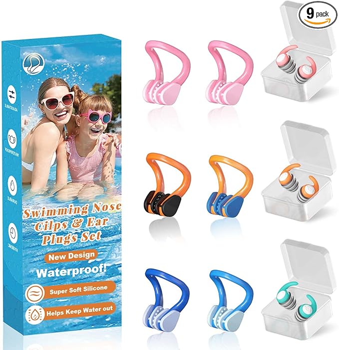 Swimming Nose Clip Ear Plugs - 9 Packs Silicone Swim Nose Plugs with Earplugs for Kids,Waterproof Pool Nose Plug for Diving Surfing and Other Water Sports with Storage Box,Multi-Color-StrideForce Fitness