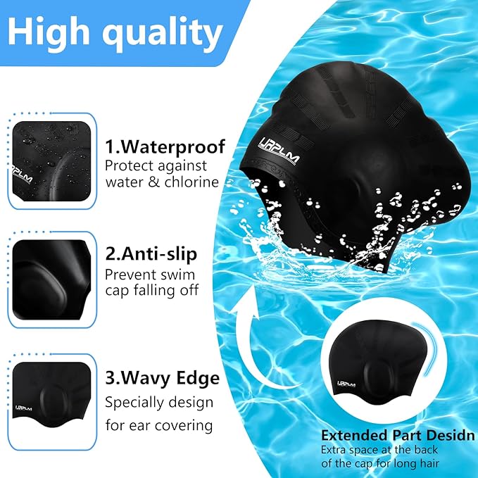 Swim Cap Long Hair,Silicone Swimming Caps with 3D Ear Cover,Waterproof Adult Swim Hats Bathing Caps for Women Men,Keep Your Hair Dry-StrideForce Fitness