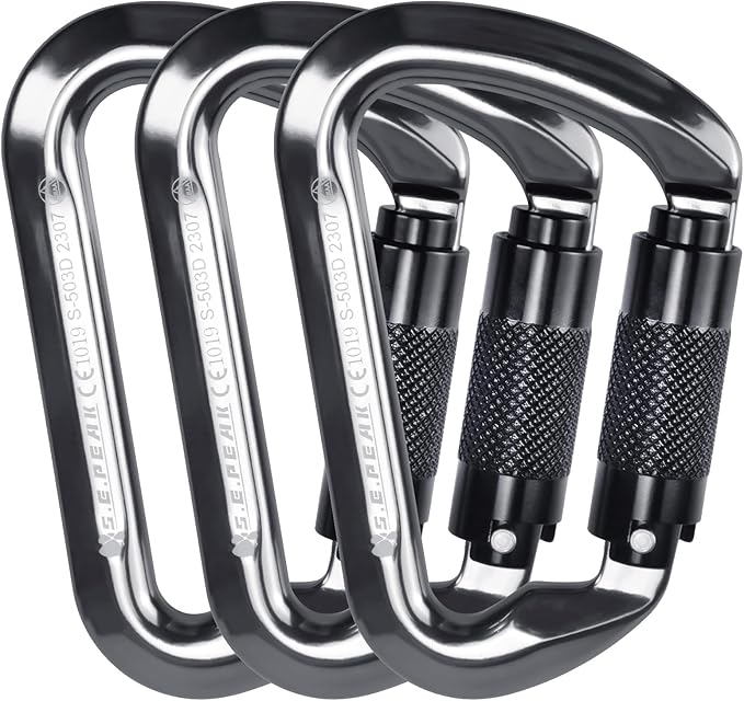 SEPEAK UIAA 30kN Climbing Carabiner Clips, Professional Heavy Duty Twist Locking Carabiners for Climbing,Mountaineering, Rappelling, Camping, Hiking, Swings, Large D Ring Hooks-StrideForce Fitness