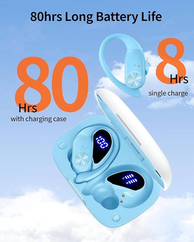 PocBuds Bluetooth Headphones Wireless Earbuds 80hrs Playtime Wireless Charging Case Digital Display Sports Ear Buds with Earhook Deep Bass IPX7 Waterproof Over-Ear Earphones for TV Phone Laptop Blue-StrideForce Fitness