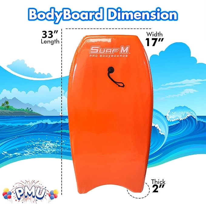 PMU 33 Inch Orange Bodyboard - Lightweight Wrist Leash, Slick Bottom Boards for Beach, Sea & Pool - Surfing Board for Kids, Teens & Adults Wave Conditions Pkg/1-StrideForce Fitness