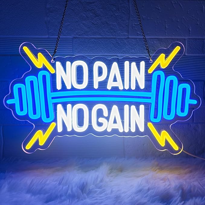 No Pain No Gain Neon Sign for Gym Wall Decor,Led Sign,Neon Lights for Bedroom,Motivational LED Light Up Sign for Home Fitness Room,Garage,Workout,Man Cave,Blue & Yellow Barbell Neon Light-StrideForce Fitness