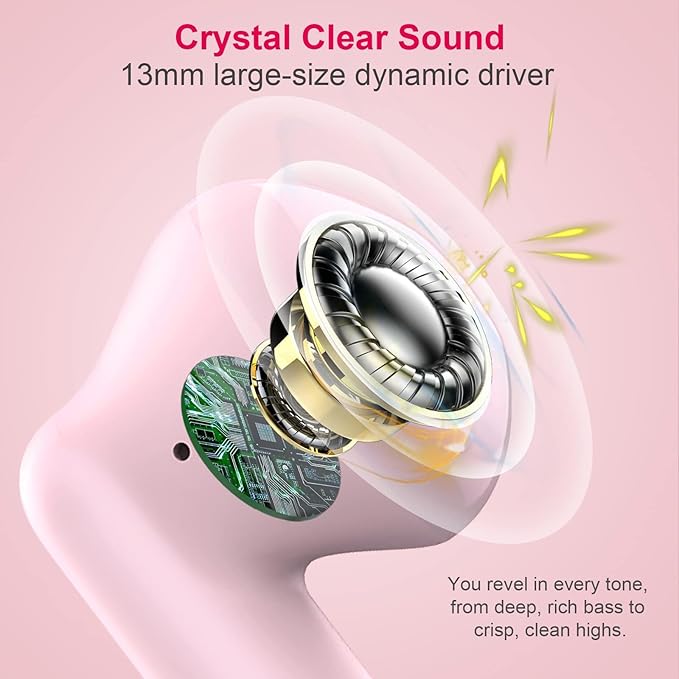 Wireless Earbuds, Bluetooth 5.4 Earbuds Stereo Bass, Bluetooth Headphones in Ear Noise Cancelling Mic, Wireless Earphones IP7 Waterproof Sports, 32H Playtime Mini USB C Charging Ear Buds Light Pink-StrideForce Fitness