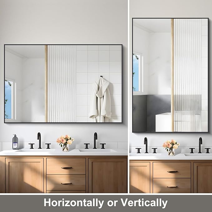 Black Bathroom Mirror for Wall, 60x40 Inch Rectangle Mirrors with Metal Frame, Modern Vanity Wall Mirror Decor for Entryway Hangs, Bathroom Living Room Horizontal or Vertical-StrideForce Fitness