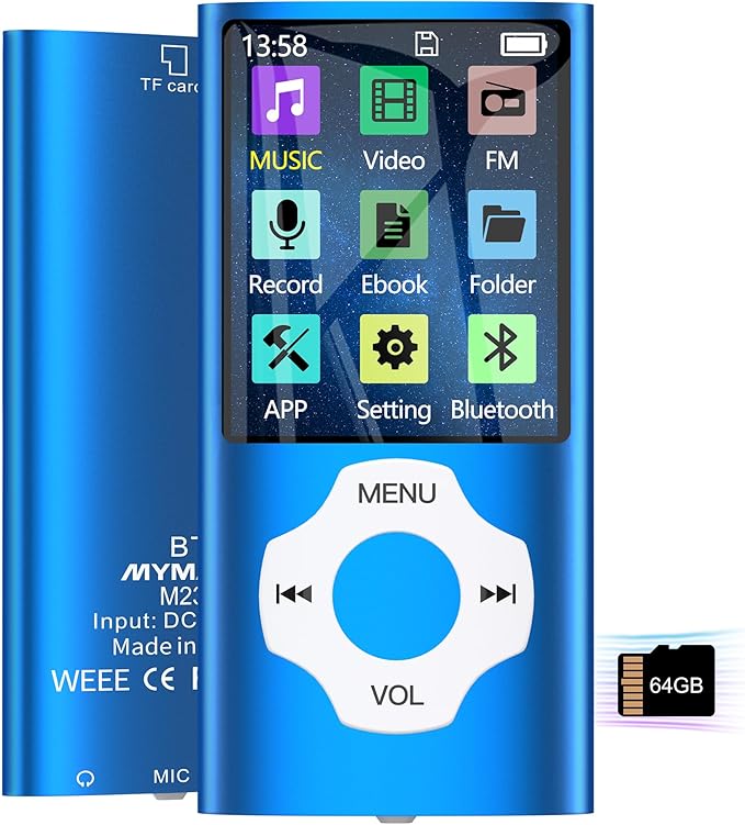 Portable 64GB MP3 Player with Bluetooth, MYMAHDI 1.8" HD LCD Screen MP4/MP3 Player Up to 128GB, Music Player with Video, Music, FM Radio, E-Book Reader, Voice Record, Photo Viewer, Darkblue-StrideForce Fitness