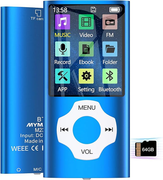 Portable 64GB MP3 Player with Bluetooth, MYMAHDI 1.8" HD LCD Screen MP4/MP3 Player Up to 128GB, Music Player with Video, Music, FM Radio, E-Book Reader, Voice Record, Photo Viewer, Darkblue-StrideForce Fitness