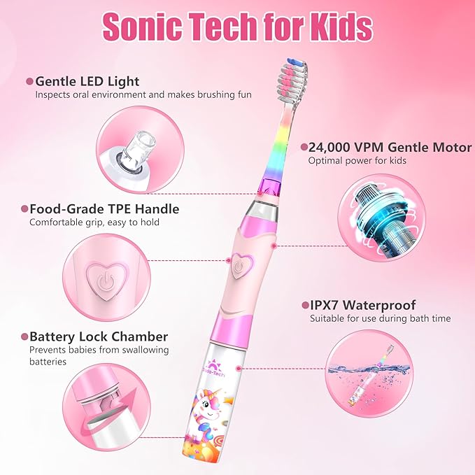 Kids Electric Toothbrush Toddler Toothbrush Age 2-4-8-12 Electric Toothbrush Kids with Timer Rainbow LED Light Up Vibrating Toothbrush Battery Operated Childrens Girls Sonic Tooth Brush (Pink Unicorn)