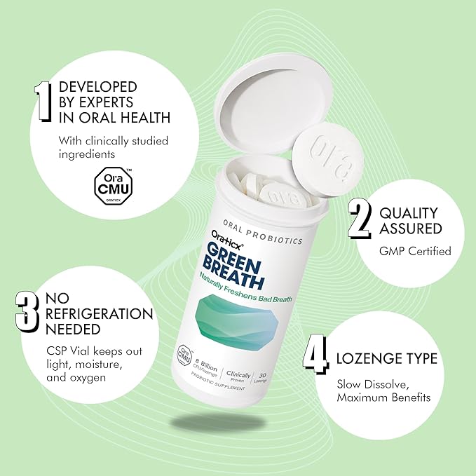 OraTicx Oral Probiotics Green Breath, Freshen Bad Breath, Dental Probiotic Supplement for Oral Health, 8 Billion CFU, Mint Flavor 30 Lozenges 4-Pack