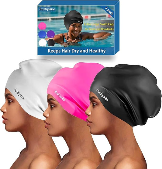 3 Pack Extra Large Swim Cap for Braids & Dreadlocks - Waterproof Silicone Swim Hat for Women with Long Thick Hair, Protective Swim Cap Cover Ears for Swimming, Shower, Bathing-StrideForce Fitness