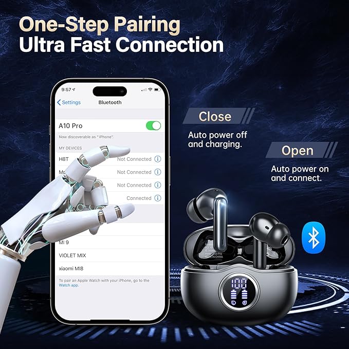 A10 Pro Wireless Earbuds, Bluetooth 5.3 Headphones HiFi Stereo 50H Playback LED Digital Display Ear Buds with ENC Noise Canceling Headset, IPX7 Waterproof Earphones for Gym/Running/Work-StrideForce Fitness