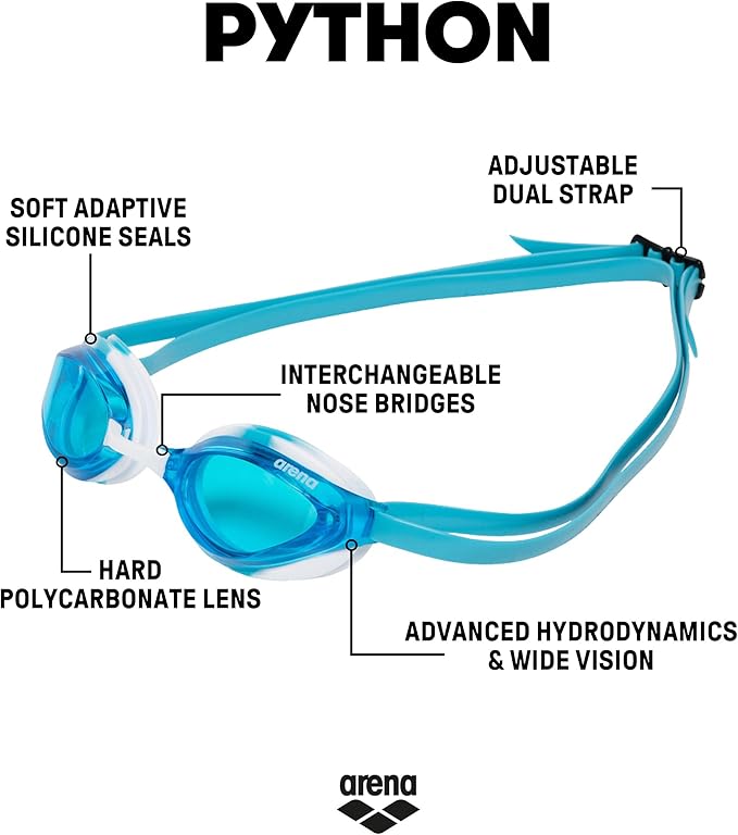 ARENA Unisex Python Racing Swim Goggles for Men and Women Anti-Fog No Leak Max Comfort Dual Strap, Mirror/Non-Mirror Lens-StrideForce Fitness