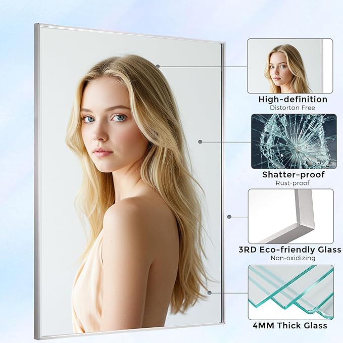 20x36 Inch Nickel Bathroom Mirror for Wall, Aluminum Frame Rectangle Rectangular Vanity Mirror, Modern Large for Bedroom, Living Room, Horizontal or Vertical-StrideForce Fitness