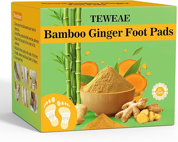 62 Pads Foot Pads -with Pure Natural Turmeric & Ginger, Wormwood, Bamboo Vinegar, Bigger Adhesive Pad Ginger Foot Pads-StrideForce Fitness