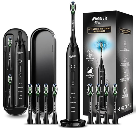 Wagner Stern Ultrasonic Electric Toothbrush - 5 Modes, Pressure Sensor, 8 Brush Heads & Travel Case