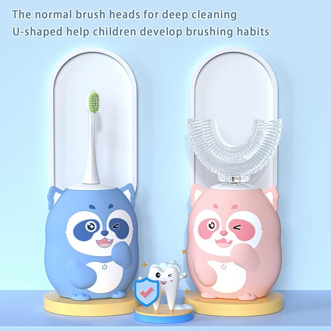 Kids Electric U Shaped Toothbrush Children Rechargeable Sonic Toothbrush with 4 Brush Heads Full Mouth 6 Cleaning Modes - (Age 2-7, Blue)