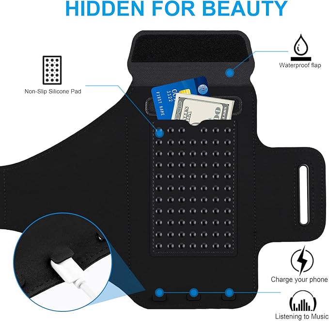 Running Armband with Earphone Bag Cell Phone Armband for iPhone 16 15 Pro 14 Plus 13 11 XR XS, Galaxy S24/S10 Water Resistant Sports Phone Holder Case & Zipper Slot Car Key Holder for 6.9 inch Phone-StrideForce Fitness
