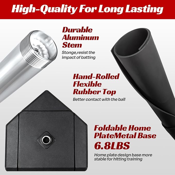 Batting Tee For Baseball And Softball With Traditional Home Plate Base,Alumium Stem,Handroll Rubber Top,Height Adjustable 24 to 46 inche For kids and Adults,Portable Baseball Tee Softball Tee-StrideForce Fitness