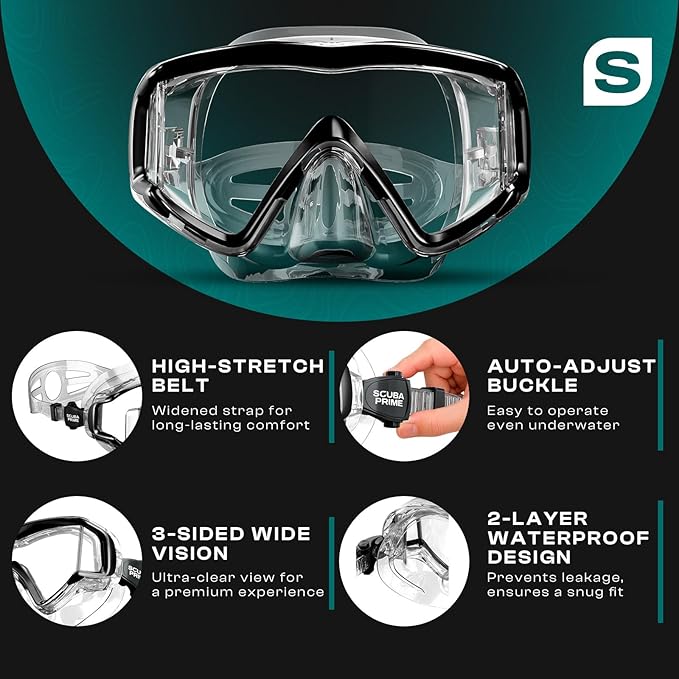 Pano 3 Scuba Diving Mask, Tempered Glass Snorkel Mask Three-Window Scuba Mask No-Leak Dive Mask Silicone Skirt Diving Mask for Snorkeling and Scuba Use-StrideForce Fitness