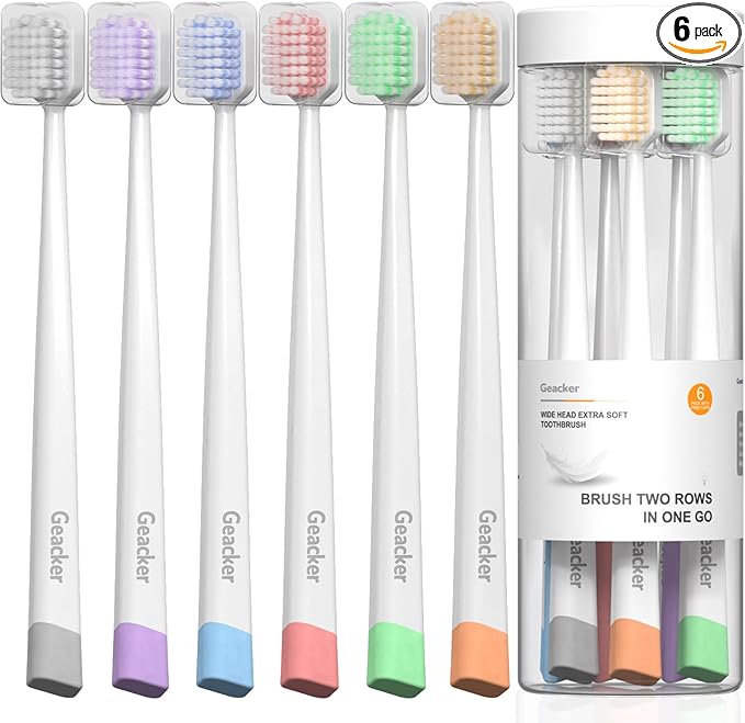 Medium Toothbrushes for Adults with Wide Head and Spiral Bristles, Whitening Toothbrush with Tongue & Cheek Cleaner, Travel Toothbrush with Cover and Canister Packaging, Multi-Color, 6 Count