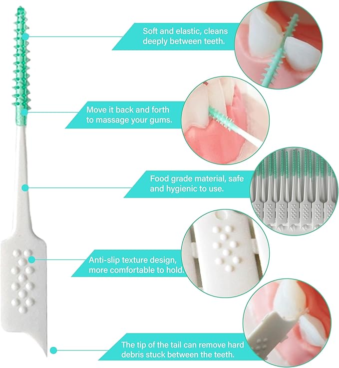 Dental Floss Picks Soft Silicone interdental Brush, Braces Brush, Floss Picks for Teeth, Disposable interdental Brush, Suitable for Cleaning Teeth Health(Green, 160pcs)