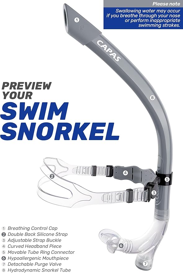 CAPAS Training Swim Snorkel for Lap Swimming, Swivel Headband Ultimate Fit Center-Mount Swimmers Snorkel with Liquid Silicone Mouthpiece Adjustable Strap, Designed for Adult Men Women-StrideForce Fitness