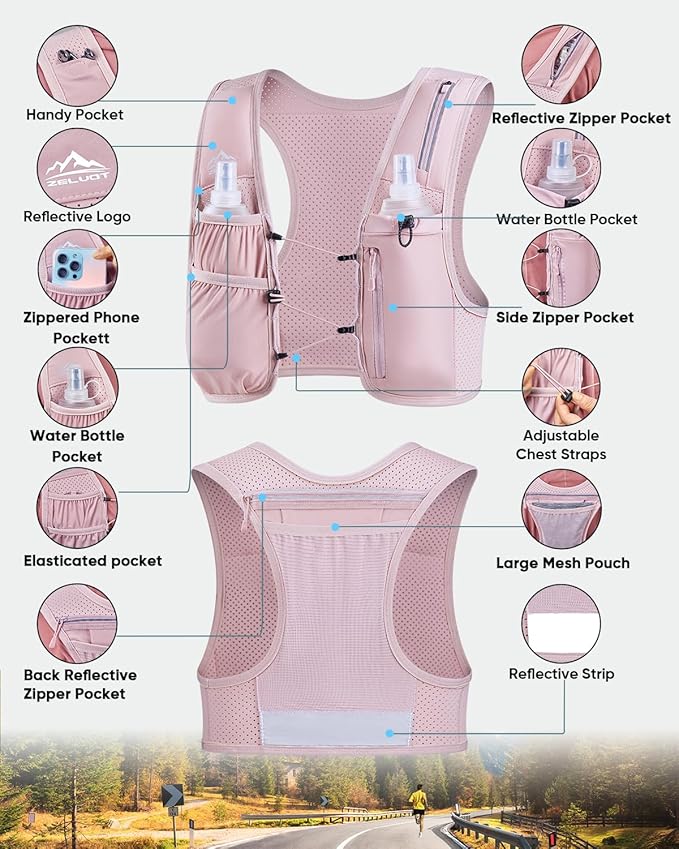 Running Vest for Women Men, USA Original Patent, Adjustable Chest Straps Running Hydration Vest with 500ml Soft Flask, Lightweight Reflective Hydration Backpack for Hiking Marathon-StrideForce Fitness