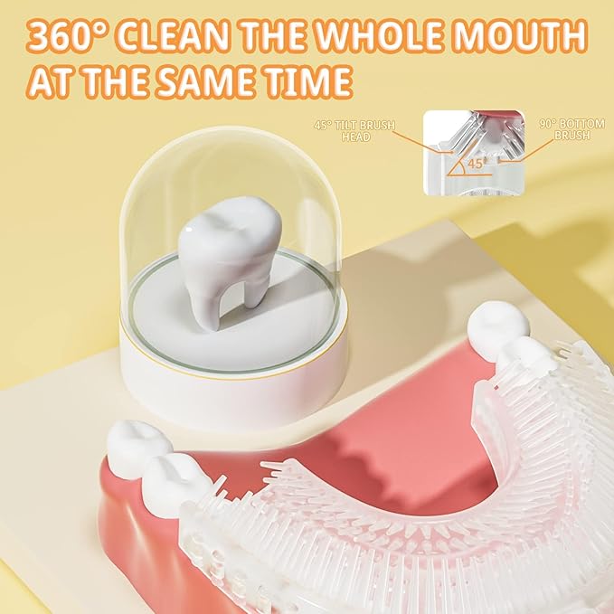 Kids Electric U Shaped Toothbrush Children Rechargeable Sonic Toothbrush with 6 Soft Brush Head Automatic Full Mouth 6 Cleaning Modes -Age8-15 Yellow