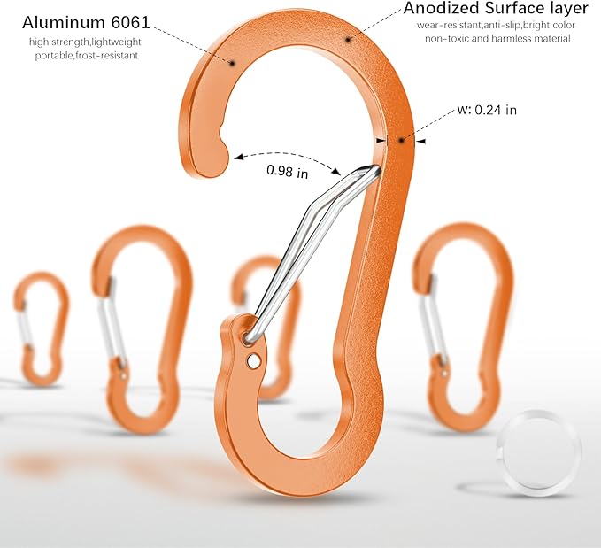 sprookber 3.2 Inch Aluminum Carabiner Clips D Ring, Caribeaner Spring Snap Hook with Keychain for Camping, Hiking, Gym & Outdoor Gear, Set of 10-StrideForce Fitness