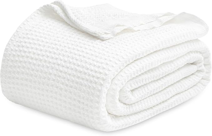 Bedsure 100% Cotton Blanket Queen Size for Bed - Breathable and Soft, Waffle Weave Blanket for Summer, Thick Cozy Fall Blankets for Women Gift, White, 90x90 Inches-StrideForce Fitness