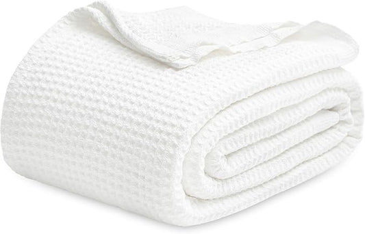 Bedsure 100% Cotton Blanket Queen Size for Bed - Breathable and Soft, Waffle Weave Blanket for Summer, Thick Cozy Fall Blankets for Women Gift, White, 90x90 Inches-StrideForce Fitness