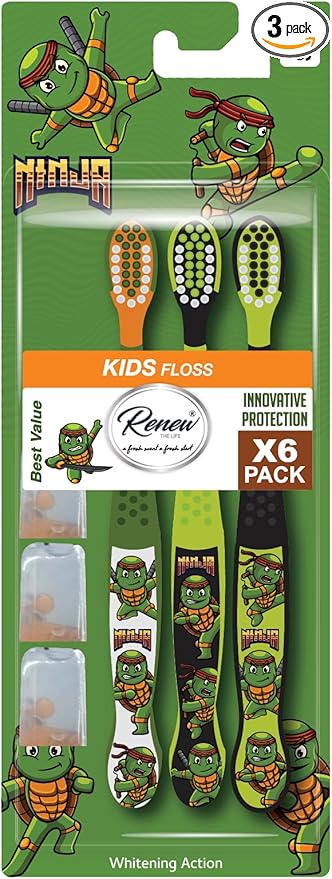 Kids Toothbrush with Travel Caps, Extra Soft Bristles, Dinosaur Theme, Manual, Ages 3-10, Pack of 3 (Ninja, 1 Pack)