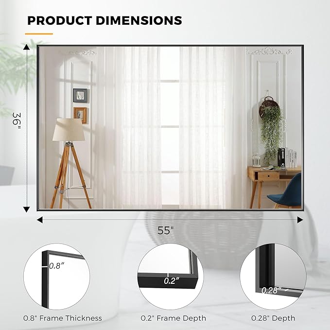 55x36 Inch Black Bathroom Mirror for Wall, Aluminum Frame Rectangle Rectangular Vanity Mirror, Modern Large for Bedroom, Living Room, Horizontal or Vertical-StrideForce Fitness