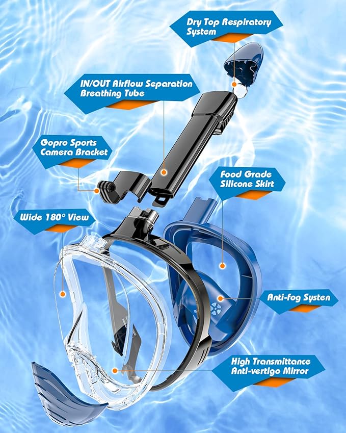 QingSong Full Face Snorkel Mask for Adults, Snorkeling Gear with Camera Mount, 180 Degree Panoramic View Snorkel Set Anti-Fog Anti-Leak-StrideForce Fitness