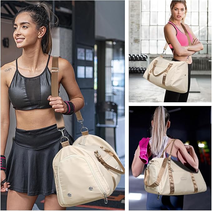 FIORETTO Womens Gym Tote Duffle Bag with Toiletry Bag, Sports Duffel Overnight Hospital Workout Carry on Bag for Girls with Wet Pocket & Shoe Compartment, Ideal for Travel, Swimming, Beige & Brown-StrideForce Fitness
