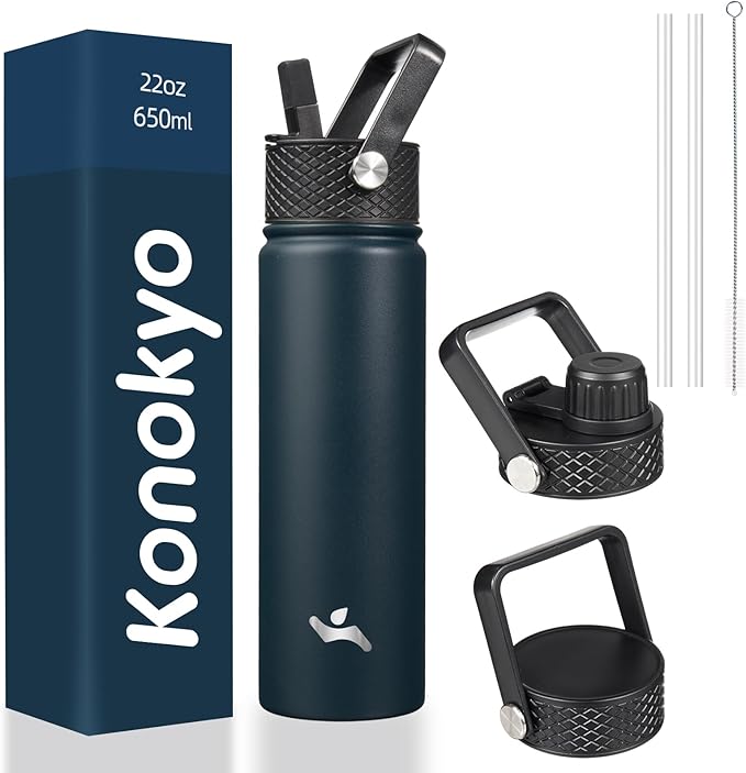 22oz Stainless Steel Bottles with 3 Lids Sport Insulated Water Bottle,Navy Blue-StrideForce Fitness