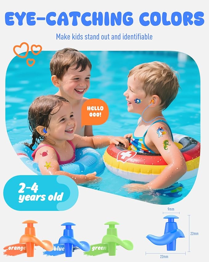 Hearprotek 3 Pairs Swimming Ear Plugs for Kids, Soft Silicone Reusable Waterproof Earplugs for Toddlers Bathing Swimming and Other Water Sports(Blue/Orange/Green)-StrideForce Fitness