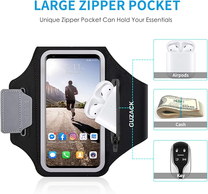 GUZACK Phone Holder for Running with Zipper Pouch, Running Armband for iPhone 16 Pro/15/14/13/12/11 Pro Max/Plus/XR/XS, Galaxy S25/S24/S23/S22, Cell Phone Arm Holder with Key Pocket & Card Slot-StrideForce Fitness