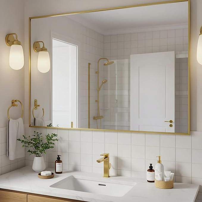 24x40 Inch Brass Bathroom Mirror for Wall, Aluminum Frame Rectangle Rectangular Vanity Mirror, Modern Large for Bedroom, Living Room, Horizontal or Vertical-StrideForce Fitness