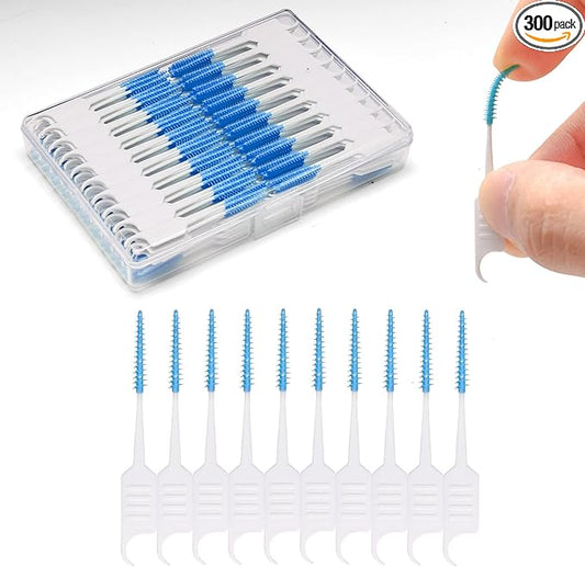 300PCS Dental Floss Picks,Dual-Use Interdental Brushes,Soft Silicone Brush Head Toothpicks, Tooth Picks Flossers for Teeth Braces Cleaning (Blue)