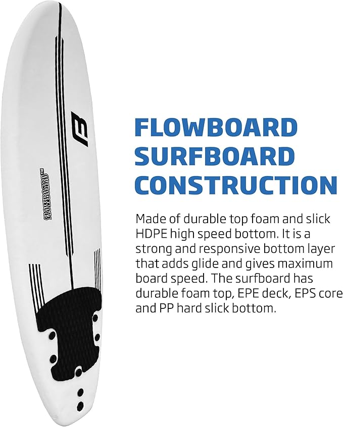 FLOWBOARD Surfboard Softboard Foam - Include (3) Fins 6’ Foot Leash and (2) Wood Stringers Inside Board Availalable in 6' and 7' Short Board and 8' Longboard-StrideForce Fitness