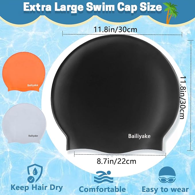 3 Pack Extra Large Swim Cap for Braids & Dreadlocks - Waterproof Silicone Swim Hat for Women with Long Thick Hair, Protective Swim Cap Cover Ears for Swimming, Shower, Bathing-StrideForce Fitness
