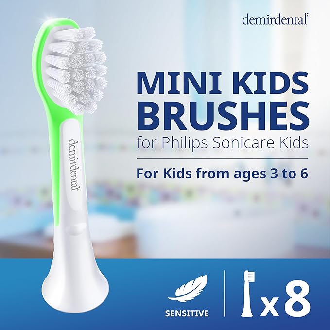 demirdental Kids Mini Toothbrush Heads Compatible with Philips Sonicare Compact Kids Toothbrush Heads - Replacement Heads Sensitive - Brush Heads from Ages 3 to 6 - Green - Replaces HX6038-8 Pack
