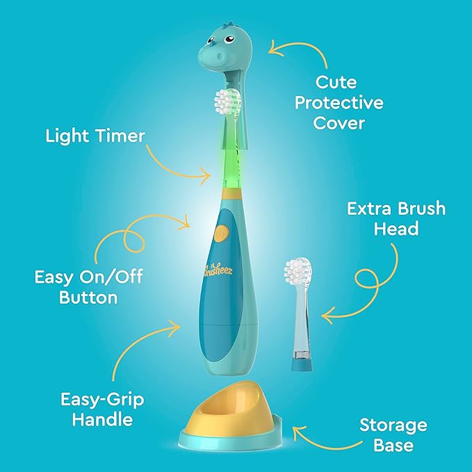 Brusheez Little Toddlers’ Sonic Toothbrush - Safe & Gentle Toothbrush for Ages 1-3 with Built-in, Light-Up 2-Minute Timer, Extra Brush Head, & Storage Base for First-Time Brushers (Rex The Dinosaur)