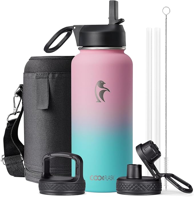 32 oz Insulated Water Bottle with Straw&3 Lids, Coolflask Stainless Steel Metal Flask Wide Mouth for Sports or Office, Non-BPA Keep Cold Up to 48 Hrs or Hot Up to 24 Hrs, Bubblegum Princess-StrideForce Fitness